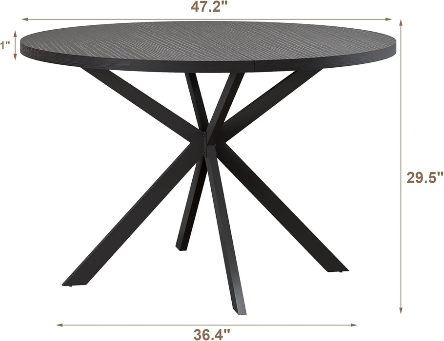 47.2 Inch round Dining Table for 4, Farmhouse Wood Kitchen Table, Circle Dinner Table for Kitchen & Dining Room, Black