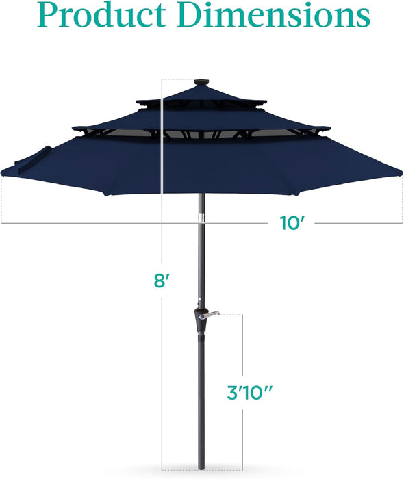 Best Choice Products 10Ft 3-Tier Solar Patio Umbrella, Outdoor Market Sun Shade for Backyard, Deck, Poolside W/ 24 LED Lights, Tilt Adjustment, Easy Crank, 8 Ribs - Navy Blue