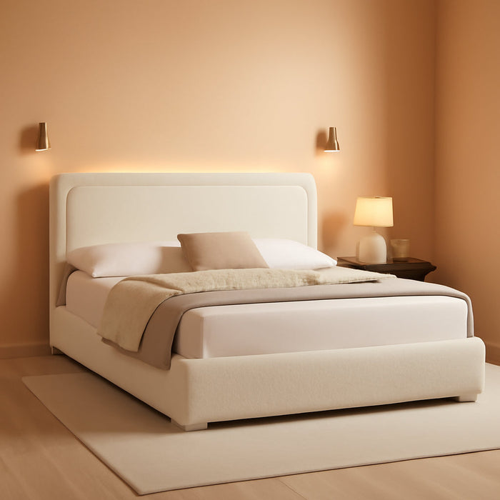 Queen Size Upholstered Cloud Bed Frame with Adjustable Headboard, Modern Platform Bed with Boucle Fabric Wood Slat, Low Profile, No Box Spring Needed, Easy Set Up, White