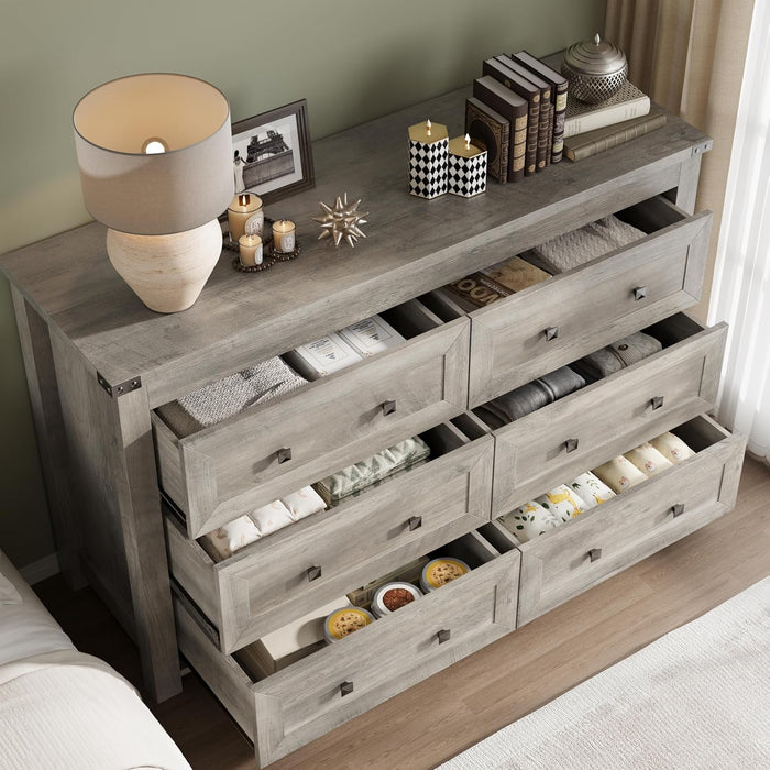 Six-Drawer Dresser With Metal Handles Storage Unit