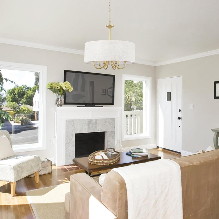 Gold Drum Chandelier for Dining Room, 6-Light Modern Farmhouse Chandelier with Linen Shade, 18" Brass round Chandelier Hanging Light Fixture for Kitchen Island Bedroom Living Room Entryway