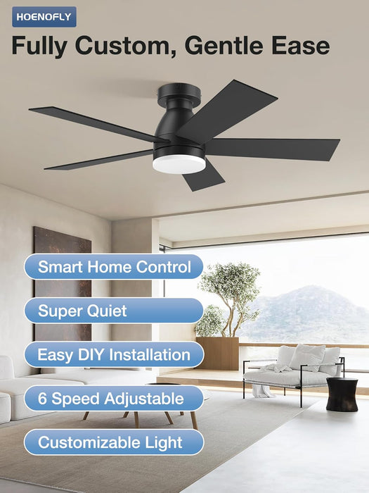 42In Smart Ceiling Fans with Lights Remote,Control via Voice Alexa App,Quiet DC Motor,Flush Mount Low Profile Ceiling Fan for Modern Bedroom,Patio,Outdoor Indoor,Black&Brown,6 Speed,Dimmable,5 Blade