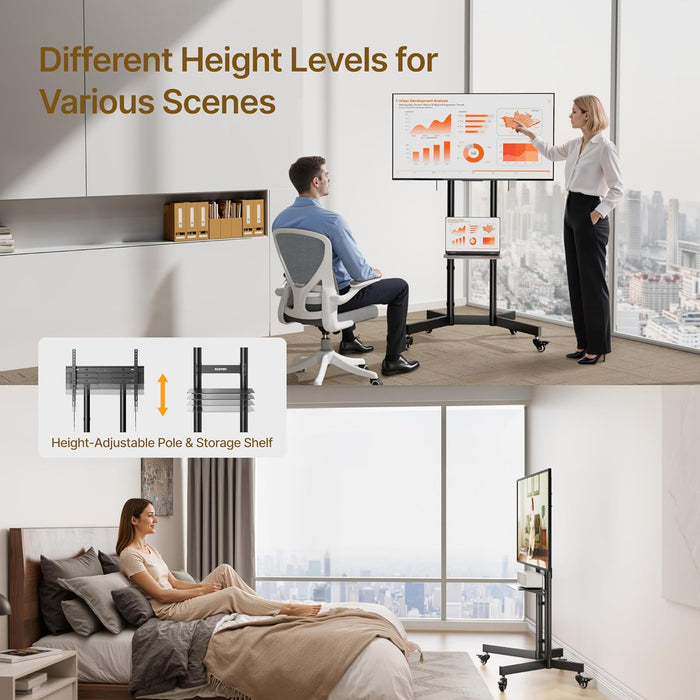 Upgraded Rolling TV Stand for 32-86 Inch Tvs up to 200 Lbs, Heavy Duty Mobile TV Cart with Laptop Shelf, Height Adjustable Portable TV Stand with Lockable Wheels, Max VESA 600X400Mm, HW1285BK