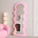 Full Length Mirror 63"X24", Irregular Wavy Mirrors, Wave Arched Floor Mirror, Wall Mirror Standing Hanging or Leaning against Wall for Bedroom, Flannel Wrapped Wooden Frame Mirror-Pink