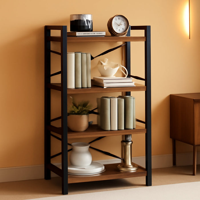 4 Tier Bookshelf - Small Book Shelf Industrial Bookcase, Narrow Book Case Book Storage Organizer for Cd/Movie/Book, Bookshelves for Bedroom Office Living Room Berry Brown