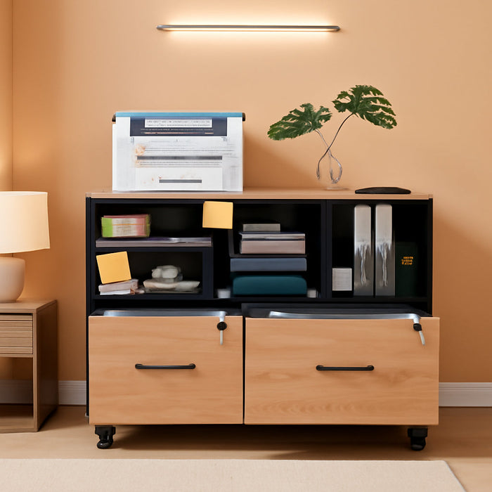 2 Drawer File Cabinet for Home Office, Lockable Rolling Filing Cabinet with Adjustable Shelves, Wood Lateral File Cabinet with Lock, Printer Stand Office Storage Cabinet, Rustic Brown & Black