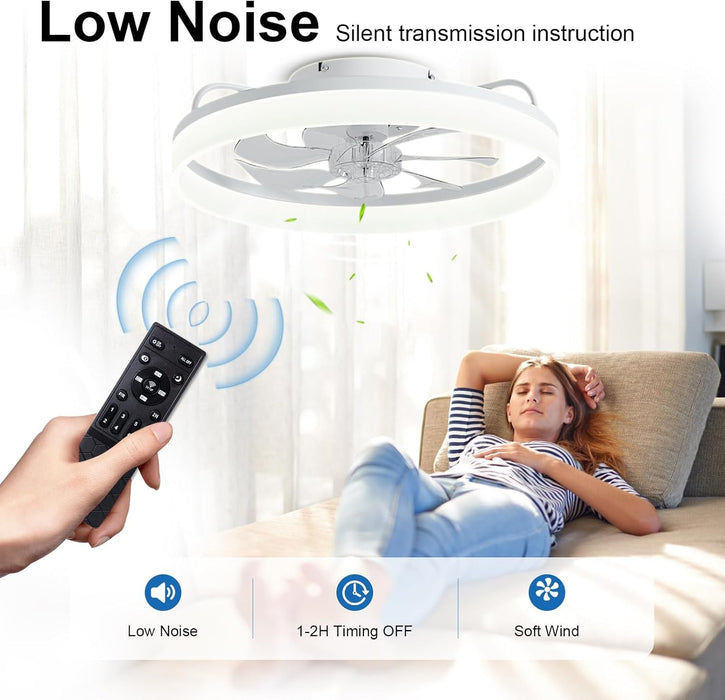 Ceiling Fans with Lights and Remote,20" Fandelier Ceiling Fan Flush Mount,3000-6500K Smart Bladeless LED Fan Light,Modern Low Profile Ceiling Fan with Light for Bedroom,Kids Room and Living Room.White