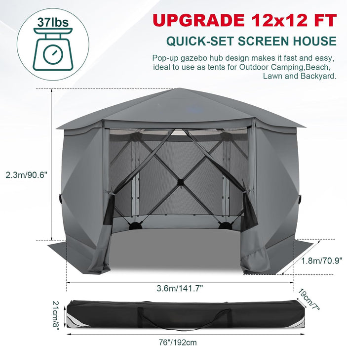 Coblzl Pop up Gazebo 12X12 Screen House Tent for Camping, Outdoor Instant Stargazing Gazebo Canopy with Awning 2.0, Portable Hub Tent with Removable Sidewalls,Pavilion Tent for Backyard,Gray