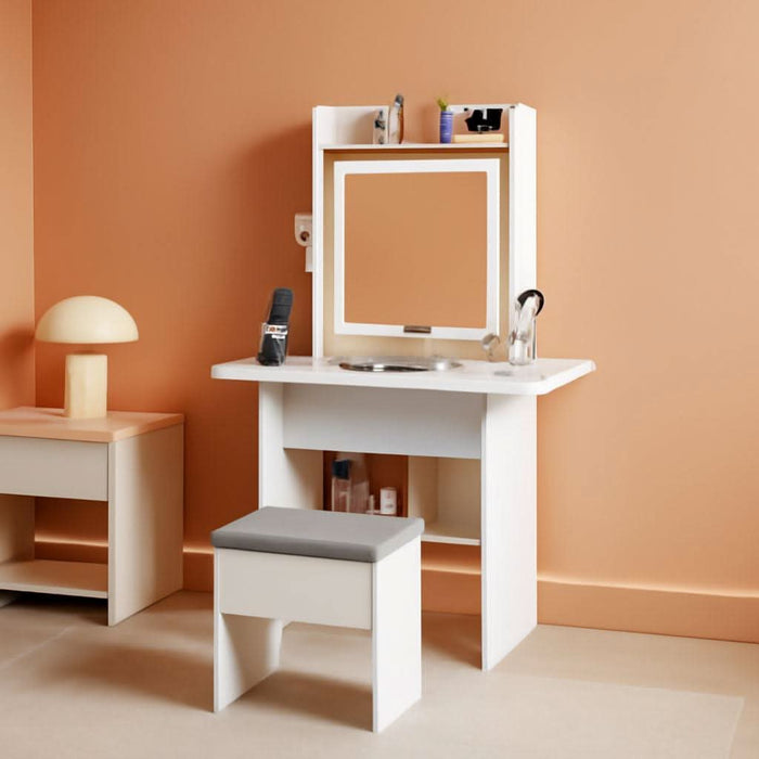 20'' Girls Vanity Desk with Lighted Mirror & Charging Station, Glass Top Makeup Table with Fold-Up Side Panels, Mirrored Cabinet, Drawer & Storage Stool for Bedroom Small Place (White)