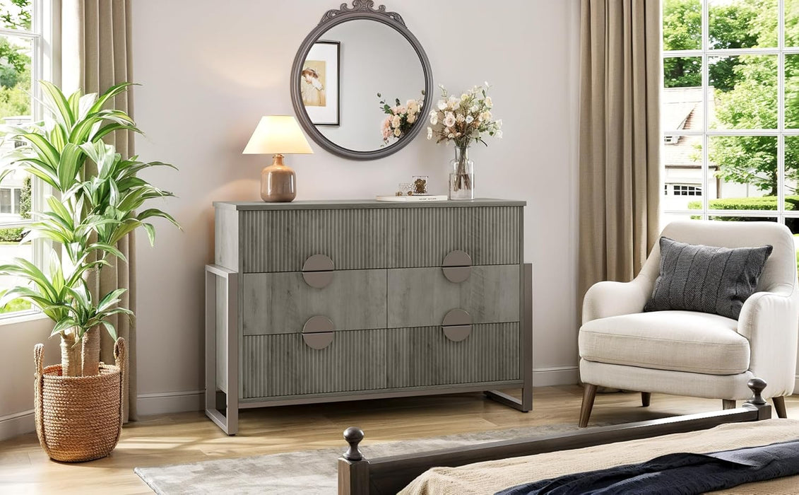 Modern Fluted Dresser for Bedroom, 50" W Solid Chest of Drawers, 6 Large Drawers 34" H Dresser with Great Depth Drawers-Semicylinder Drawer Front Design, Stable Raised Legs, Large Handles,Gray