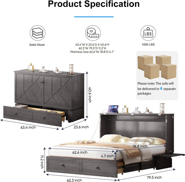 Gray Murphy Cabinet Bed Queen MultiFunctional Mattress