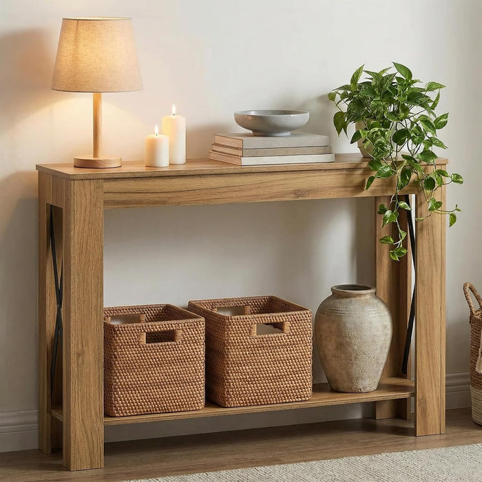Farmhouse Console Table, 39.4'' Small Narrow Entryway Table, Wood Couch Table behind Sofa with Storage Shelf, Slim Farmhouse Hallway Table for Living Room, Hallway, Foyer, Light Walnut CT34VV