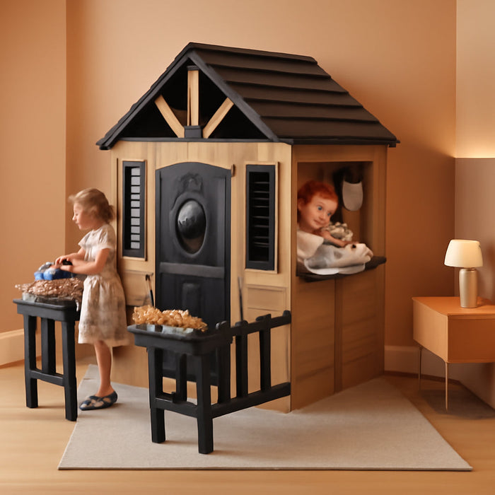 Kids Outdoor Wooden Playhouse with Kitchen Set, Durable Wood Construction with Waterproof Roof & Rust-Resistant Hinges, Pretend Playhouse for 3–8 Years Old Boys & Girls