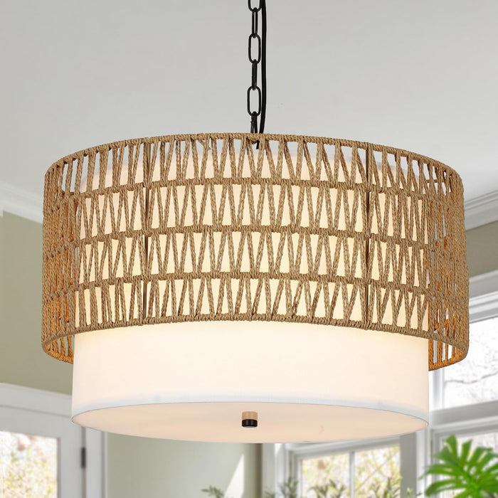 Farmhouse Chandeliers for Dining Room,5-Light Rattan Boho Chandelier Light Fixture with Fabric Shade,Hand Woven Large Rattan Dining Room Light Fixture for Kitchen Bedroom Island Hallway