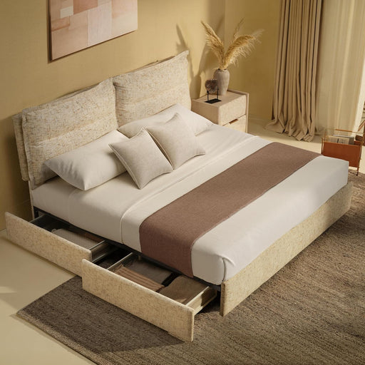 King Size Bed Frame with 4 Storage Drawers & Headboard with Dual Cushions, Freya Collection Upholstered Platform Bed, Oeko-Tex, Noise-Free, No Box Spring, Stone Beige