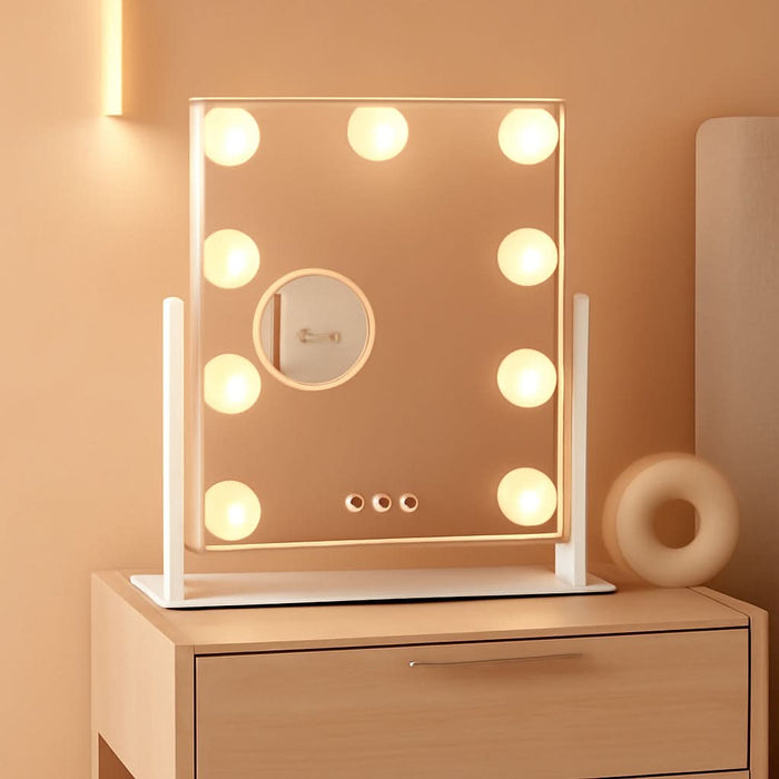 Vanity Mirror with Lights,Lighted Vanity Mirror with 9 Dimmable Bulbs for Dressing Room & Bedroom,3 Color Lighting,Modes Detachable 10X Magnification 360°Ratation(White)