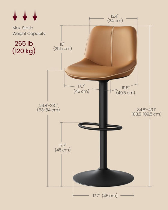 VASAGLE Bar Stools Set of 4, Adjustable Height Swivel Barstools with Ergonomic Backrest, Synthetic Leather, Larger Metal Base, Modern Tall Bar Chairs for Kitchen Island, Caramel Brown