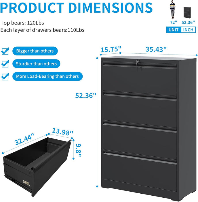 4 Drawer Lateral File Cabinet with Lock, Heavy Duty Wide Steel Filing Cabinet for Home Office, 36" W Horizontal Storage Cabinet for Letter/Legal/A4/F4 Hanging Files, Easy Assembly (Black)