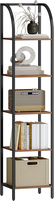 Narrow Bookshelf Five Tier Steel Frame WalnutFinish