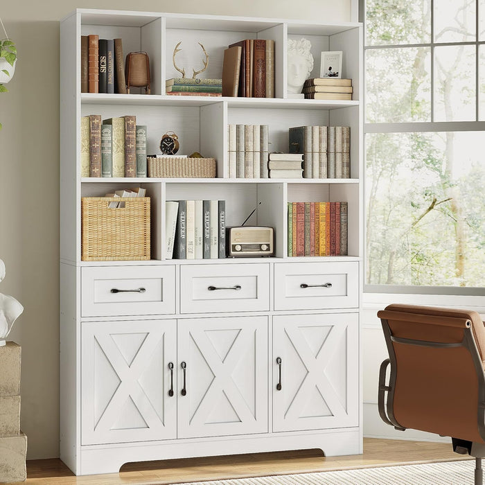 Bookshelf with Drawers & Doors, Tall Bookshelf with Storage, Bookcase with Cabinets for Home Office, Living Room, White