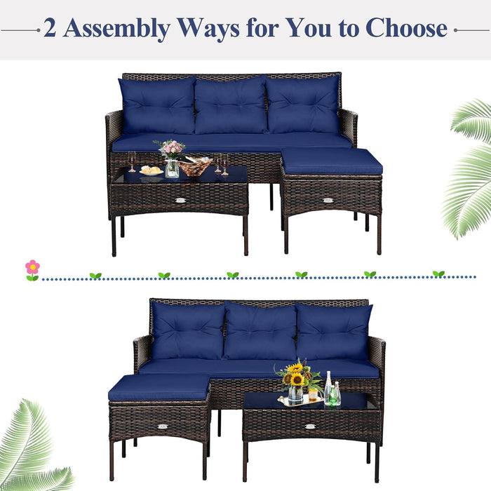 3 Pieces Patio Conversation Set, All Weather Outdoor PE Rattan Wicker Furniture Set with Padded Cushions, Tempered Glass Coffee Table, for Poolside, Backyard, Garden (Navy)
