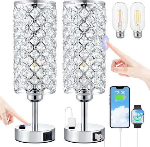 Crystal Lamp Touch Control Set of 2, Sliver Crystal Table Lamps with USB C+A Ports & AC Outlet, 3-Way Dimmable Nightstand Touch Lamp, Modern Bedside Table Lamp for Bedroom(Bulbs Included)
