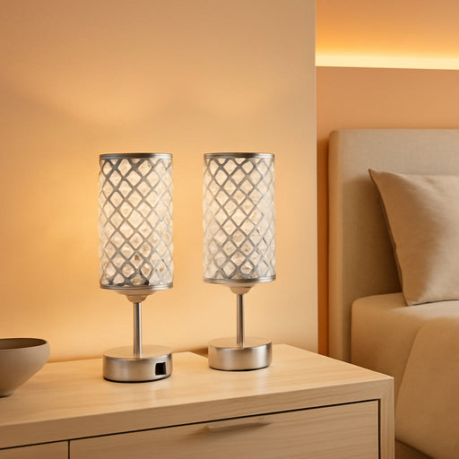 Crystal Lamp Touch Control Set of 2, Sliver Crystal Table Lamps with USB C+A Ports & AC Outlet, 3-Way Dimmable Nightstand Touch Lamp, Modern Bedside Table Lamp for Bedroom(Bulbs Included)