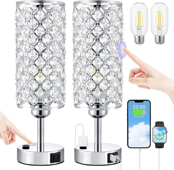 Crystal Lamp Touch Control Set of 2, Sliver Crystal Table Lamps with USB C+A Ports & AC Outlet, 3-Way Dimmable Nightstand Touch Lamp, Modern Bedside Table Lamp for Bedroom(Bulbs Included)
