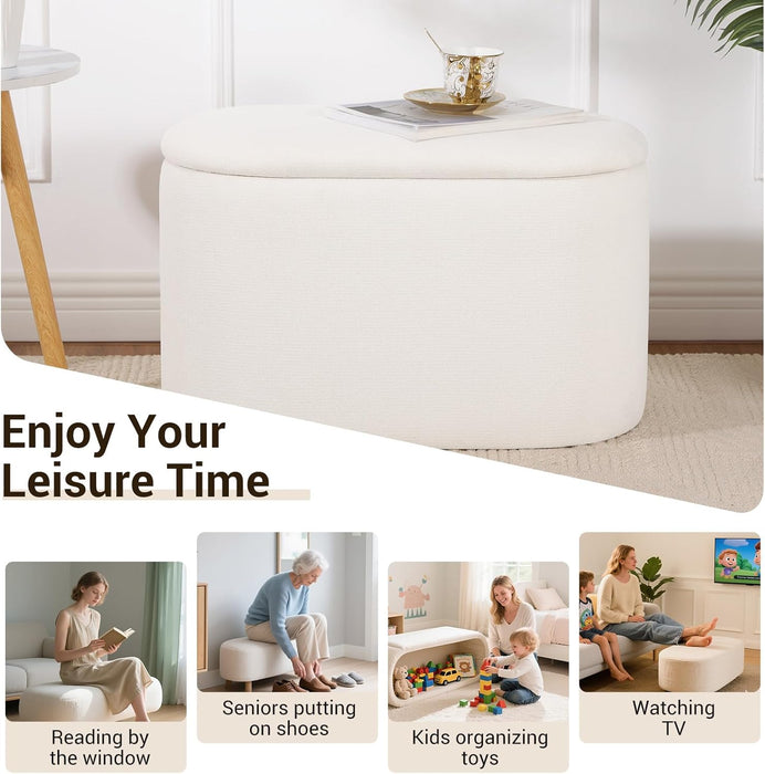 Oval Ottoman with Storage for Living Room, Modern Linen Fabric Foot Stools Ottoman, Upholstered Vanity Stool Foot Rest, Small White Storage Bench for Bedroom, Entryway, Dorm