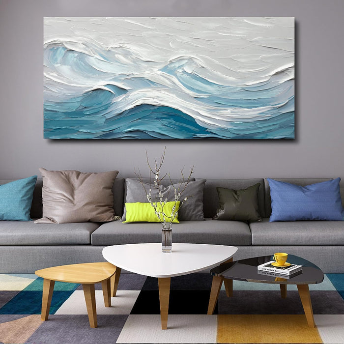 Abstract Wall Art for Living Room Blue and White Ocean Paintings Wall Decor Modern 3D Textured Canvas Wall Art Large Artwork for Living Room Bedroom Office 20"X40"