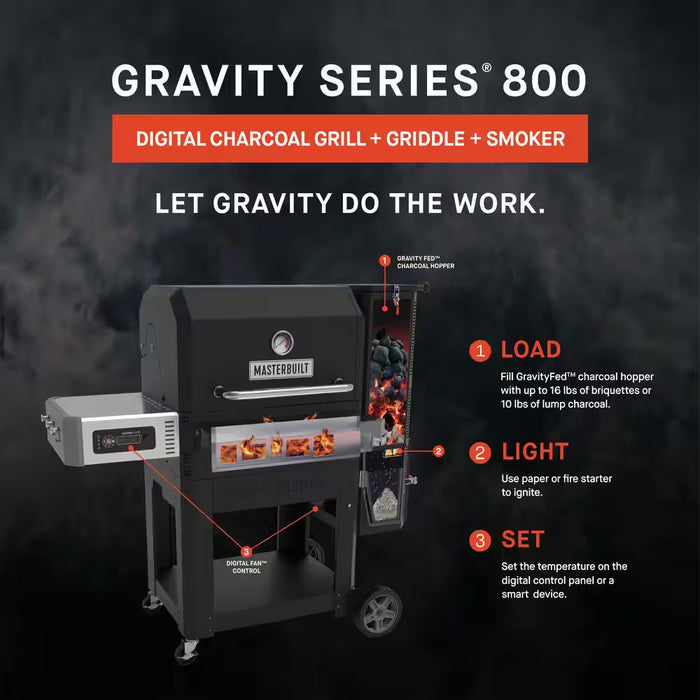 Gravity Series 800 Digital Wifi Charcoal Grill, Griddle and Smoker in Black