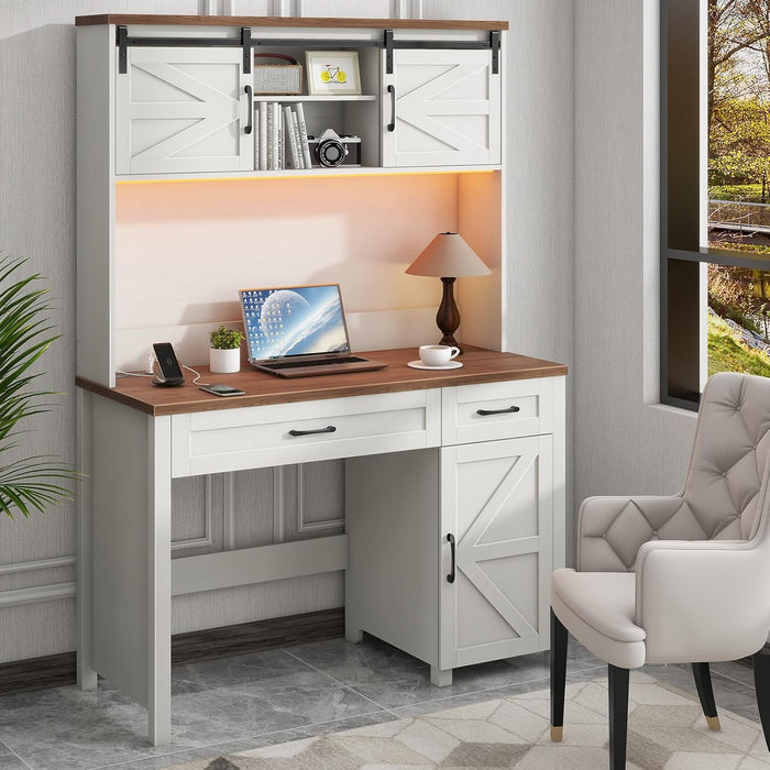 Farmhouse 47" Executive Desk, Computer Desk with 2 Drawers, LED Light and Storage Cabinet, Home Office Desk with Hutch, Charging Hub, Workstation for Home Office and Study,Unique White.