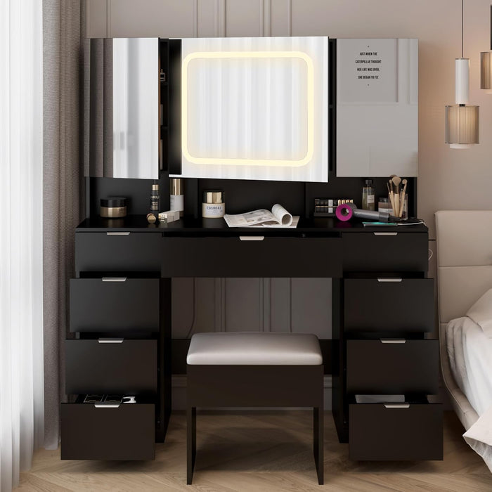 Large Vanity Table Set with 3 Opening Mirrors & LED Lights, Makeup Desk with 9 Drawers, 3 Hidden Cabinets and Charging Sockets, Upholstered Bedroom Stool