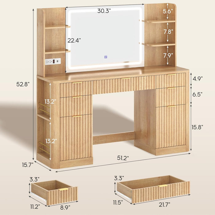 51.2" Fluted Makeup Vanity Desk with Large 30.3" Mirror and Lights, 5 Drawer Vanity with Power Strip, 6 Open Shelves, 2 Cabinet，Modern Dressing Table with Solid Wood Legs for Bedroom, Oak