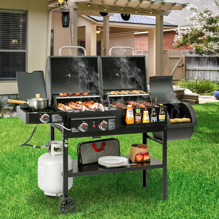 2-Burner Gas and Charcoal Combo Grill with Offset Smoker & Side Burner, 34,000 BTU Dual Fuel Grill, 1020 Sq. In. Cooking Area, Ideal for Outdoor Cooking, Black, ZH3005Y-SC