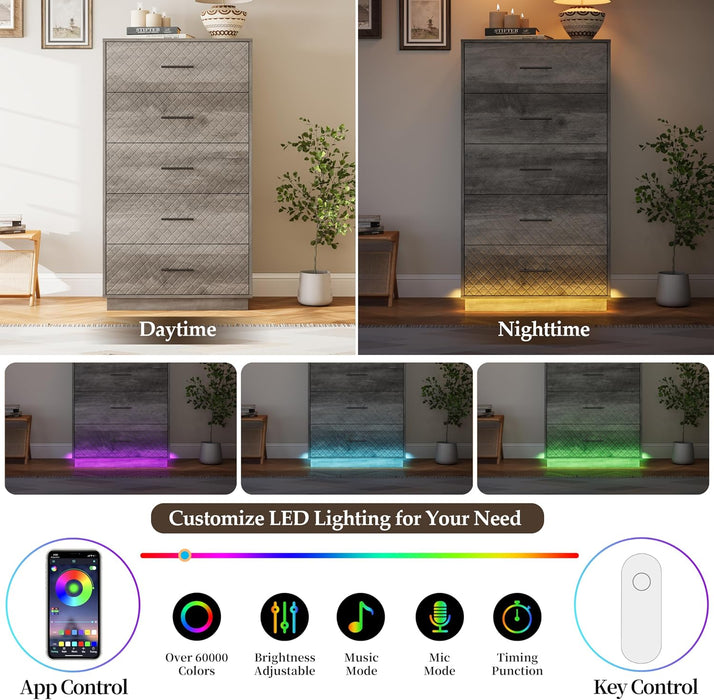 Tall Dresser with 5 Drawers, Modern Wooden Chest of Drawers with Diamond Panel, Anti-Tipping Device, Sturdy and Stable Storage Organizer for Bedroom, Hallway, Living Room