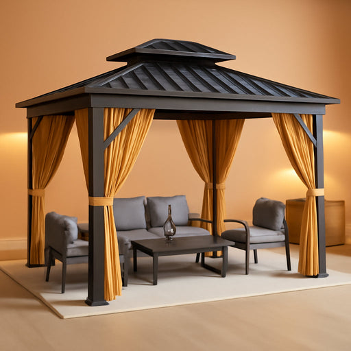 10 X 12 Ft Hardtop Gazebo, Galvanized Steel Double Roof with Curtains and Netting, Aluminum Frame Patio Gazebo for Patio, Garden and Lawn