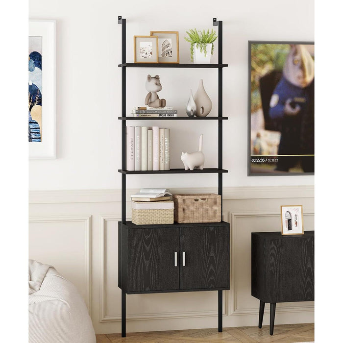 73" Tall Bookshelf with Cabinet, Industrial Ladder Wall Mount Shelf Bookcase with Wood and Metal Frame, Plant Shelf Wall Storage Display for Living Room Bedroom, Black Wood Grain