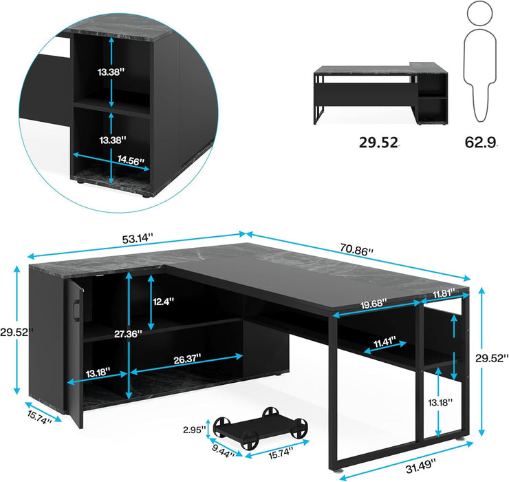 Large Executive Desk with File Cabinet, 71 Inch L Shaped Computer Desk Office Desk with Drawers and Storage Shelves, Business Furniture Desk Workstation for Home Office, Black