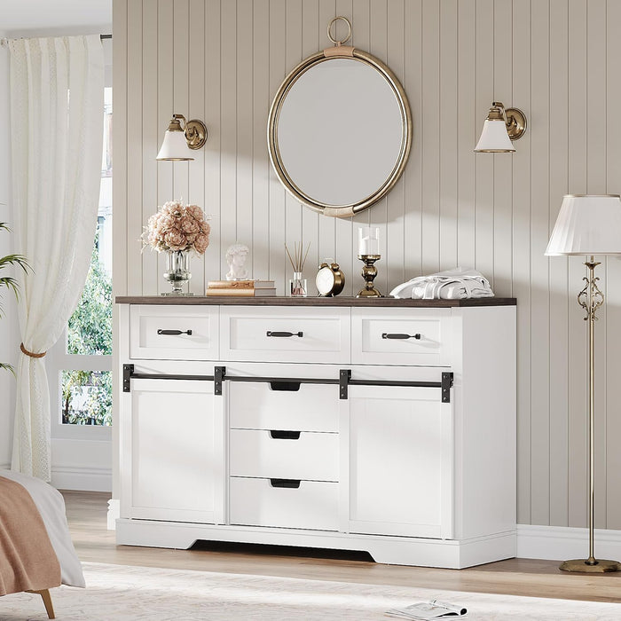 47.2 in Farmhouse Buffet Cabinet, Sideboard Cabinet with 6 Drawers, White Coffee Bar with Sliding Barn Doors for Dinning Room, Kitchen, Living Room