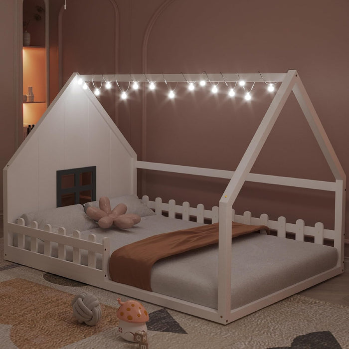 Full Size Montessori Floor Bed LEDIlluminated White