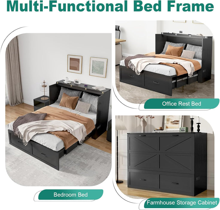 Full Size Murphy Chest Bed with Drawer and Charging Station, Farmhouse Wood Space-Saving Hidden Folding Bed Chest, Multifunctional Storage Cabinet Beds for Bedroom, Office, Black