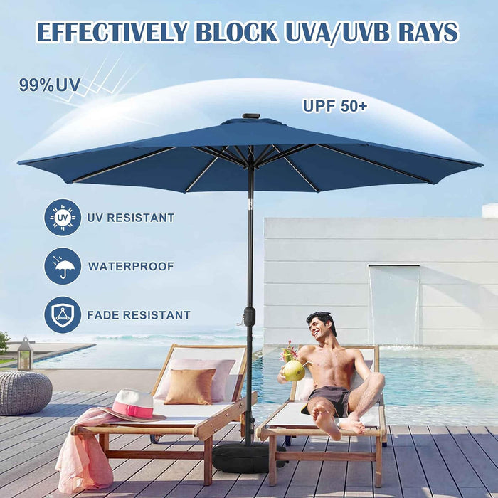 88 LED 10 FT Solar Patio Umbrella with Base, Navy