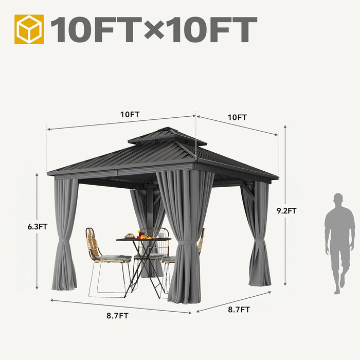 10X10Ft Hardtop Gazebo Double Roof Hardtop with Nettings and Curtains, Heavy Duty Aluminum Frame Galvanized Steel Outdoor for Patio, Backyard, Deck, Lawns, Grey