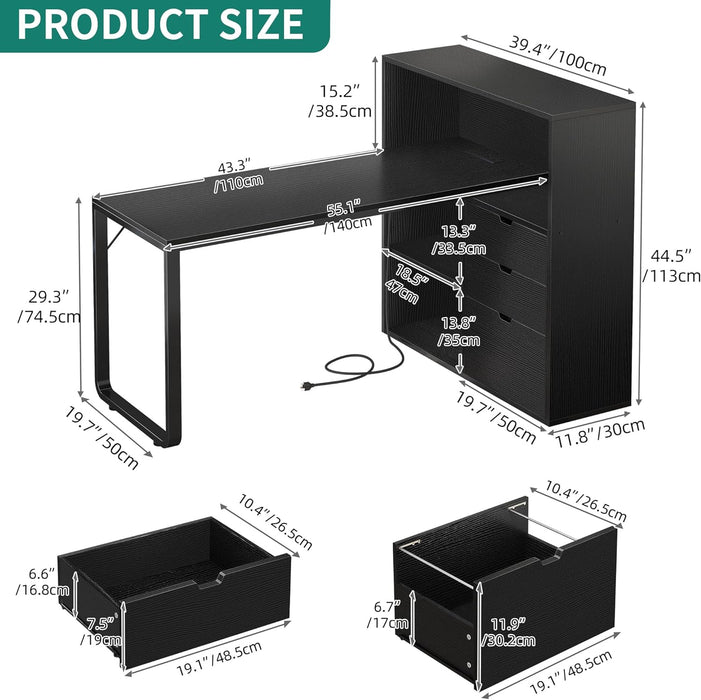L Shaped Desk with Power Outlets & LED Lights & File Cabinet, 55" Corner Computer Desk with 3 Drawers & 3 Storage Shelves, Home Office Desk with Bookshelf, Black
