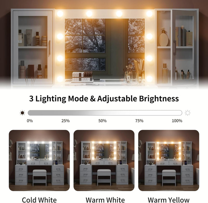 59'' W Large Makeup Vanity Desk with Mirror and Lights, White Vanity with Power Outlet, 8 Drawers & 2 Cabinets, 3 Lighting Modes Brightness Adjustable, Glass Top Vanity with Chair for Bedroom