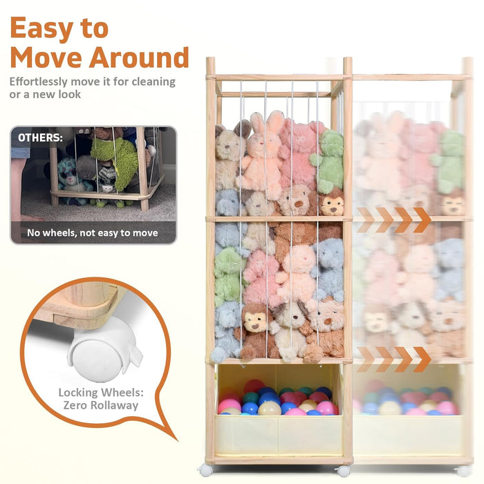 Stuffed Animal Storage with Tiny Toys Tray, Wood Stuffed Animal Zoo Storage with Brake Wheels, Space-Saving Plushie Playhouse for Nursery, Playroom, Kids Bedroom- Easy Assembly