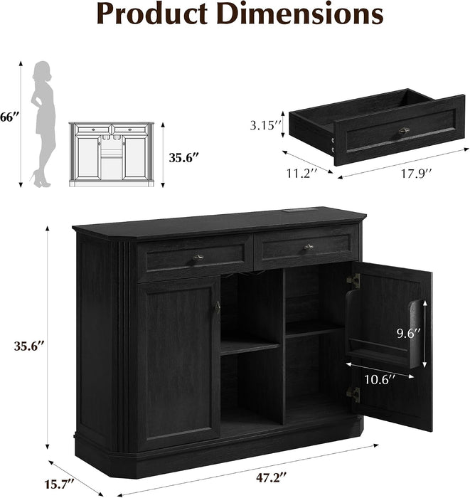 47" Wine Bar Cabinet with LED Light & Power Outlets, 2 Door Coffee Bar Cabinet with 2 Drawers, Sideboard Buffet Cabinet with Storage, Liquor Cabinet for Home Bar, Kitchen Living Room, Black