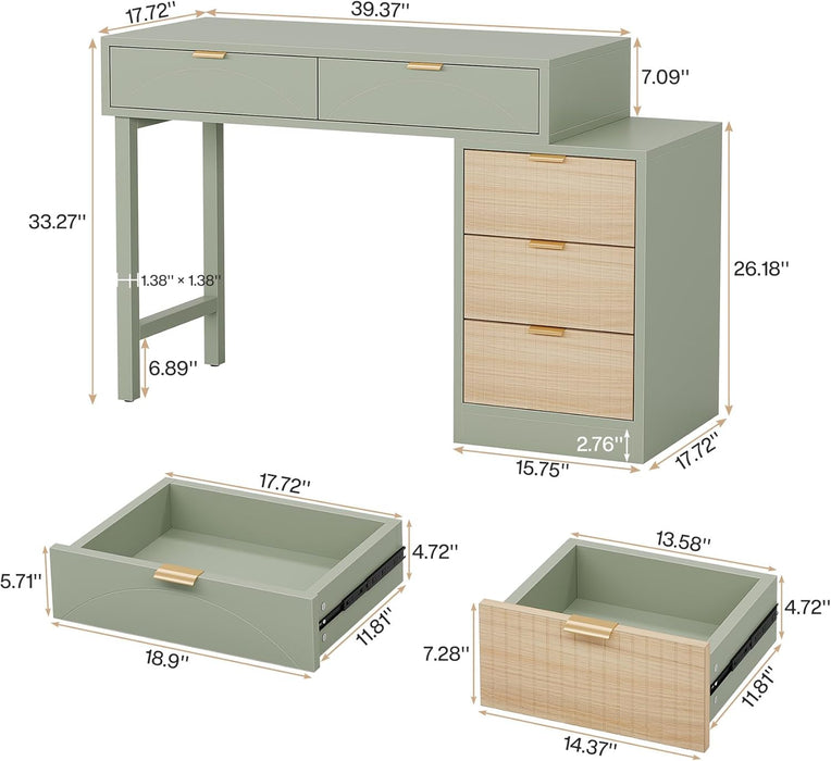 Makeup Vanity Desk with 5 Drawers, Modern Small Dressing Desk with Storage, Wood Make up Table for Bedroom, Narrow Space (Without Mirror), Mint Green