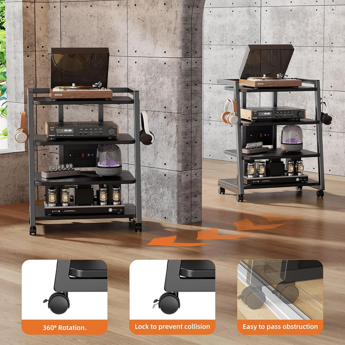 Mobile AV Media Stand with Outlets and 4 Rolling Caster Wheels, 4-Tier Rolling TV Stand for Gaming Console, Stereo, DVD Player, Sturdy Metal Frame, Versatile Living Room,Bedroom (Black)